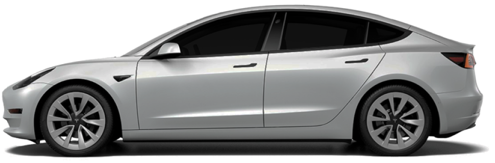 A silver Tesla Model 3 with 15% window tint, providing a dark yet slightly more visible appearance compared to 5% tint. The side profile highlights the sleek design, aerodynamic curves, and stylish Tesla wheels.