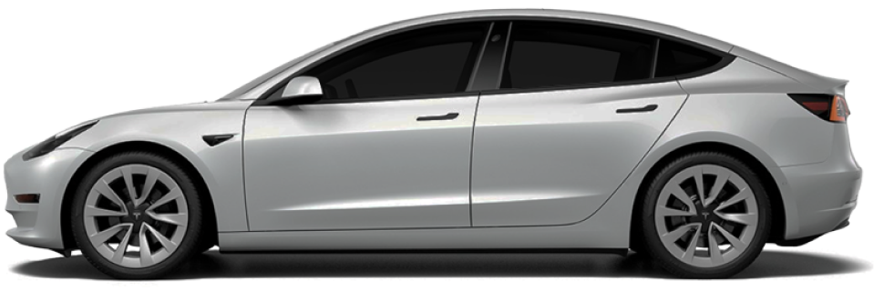 A silver Tesla Model 3 with 20% window tint, offering a good balance between privacy and visibility. The side profile showcases its sleek, aerodynamic design and stylish Tesla wheels.