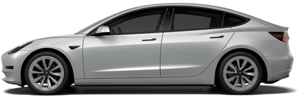 A silver Tesla Model 3 with 50% window tint, offering a light shade that reduces glare while maintaining high visibility. The sleek side profile showcases its aerodynamic design and signature Tesla wheels.